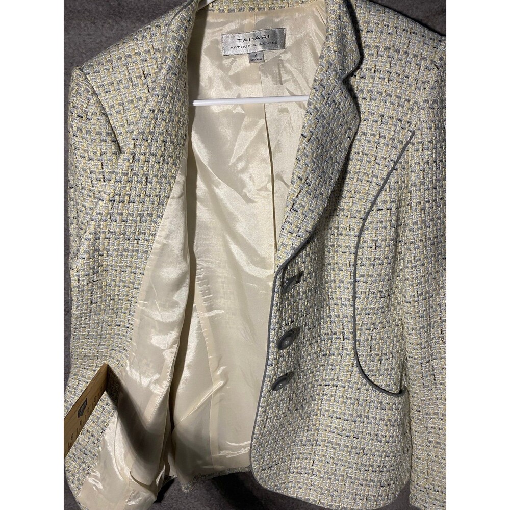 Tahari Arthur S Levine Tweed Blazer Jacket Size 4 Yellow Gray Plaid Piping - Picture 6 of 11